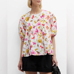 906 Merlette Floral Puff Sleeve Short Sleeve Blouse Size XS Color White Pink